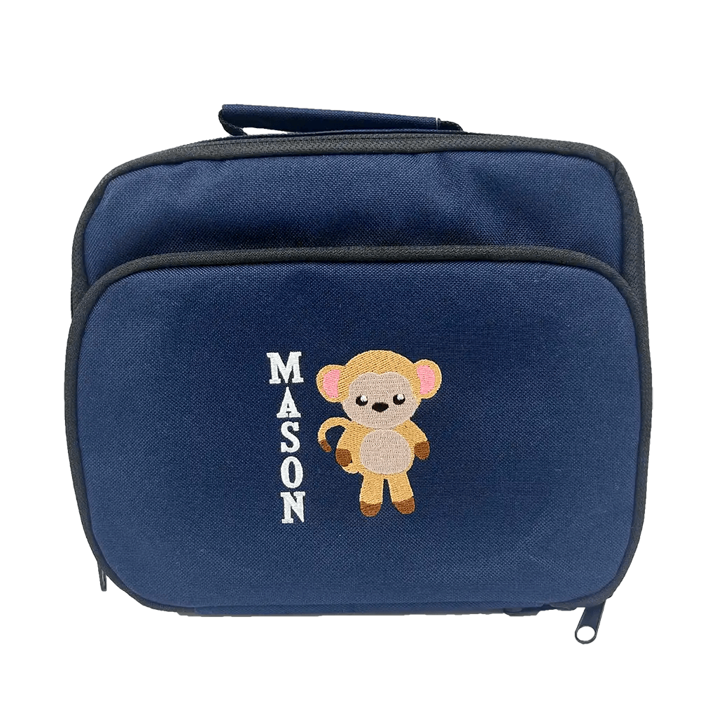 Personalised Embroidered Navy Lunch Cooler with Brown Monkey