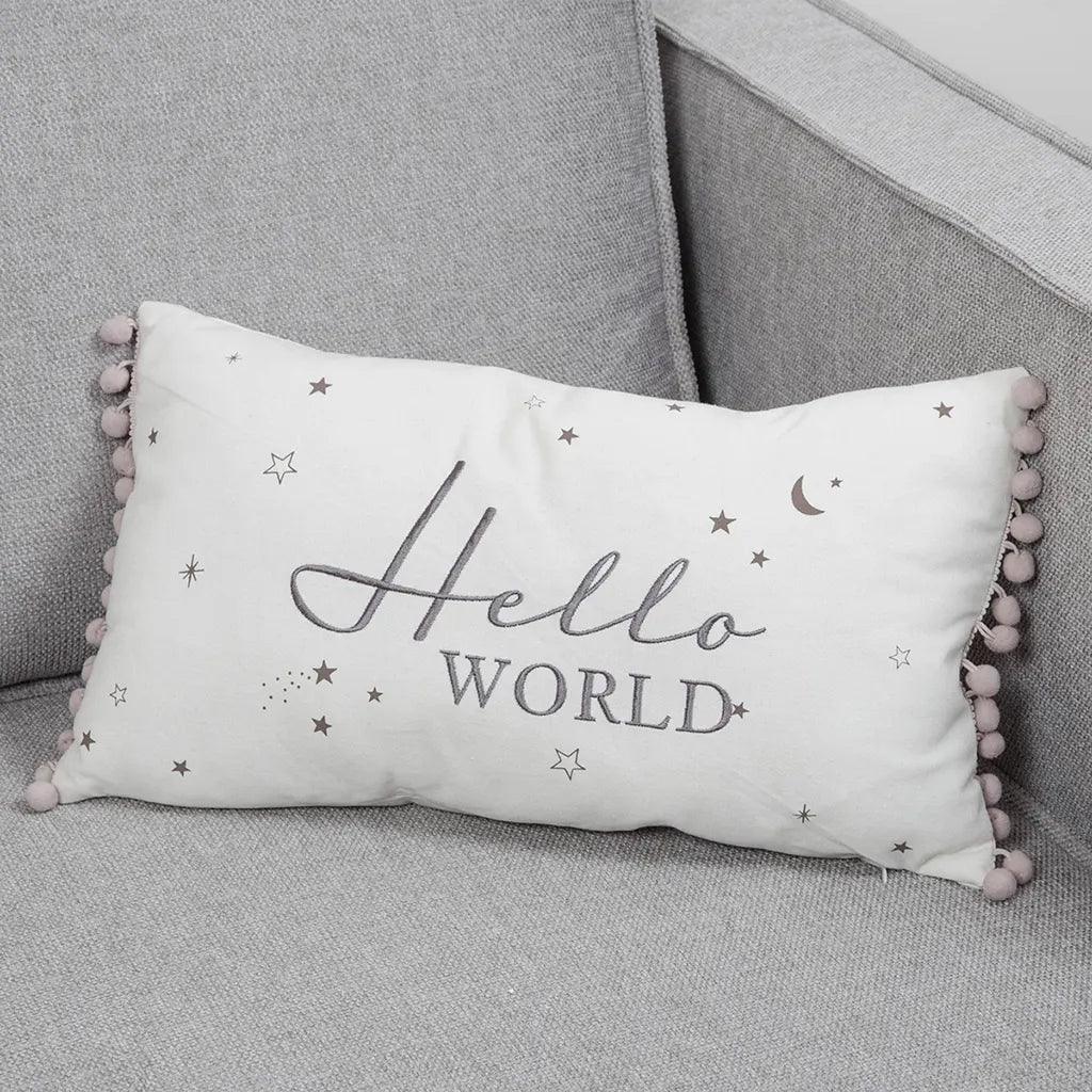 Bambino Linen Hello World Cushion In Use on a Sofa Picture