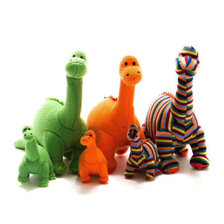 Best Years Knitted Plush Diplodocus Dinosaur Teddies in Green, Orange and Stripy Colours Both Large and Small