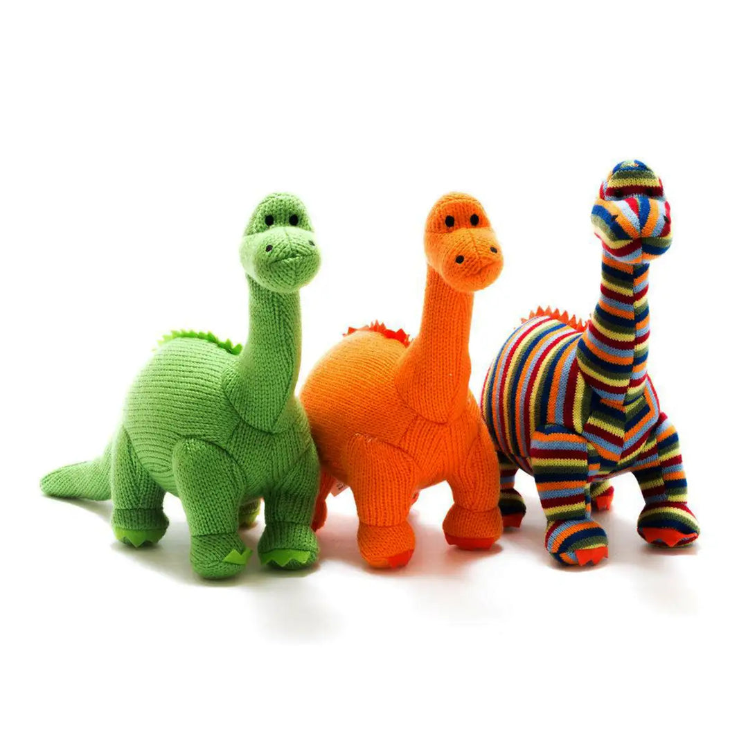 Best Years Knitted Plush Diplodocus Dinosaur Teddies in Green, Orange and Stripy Colours