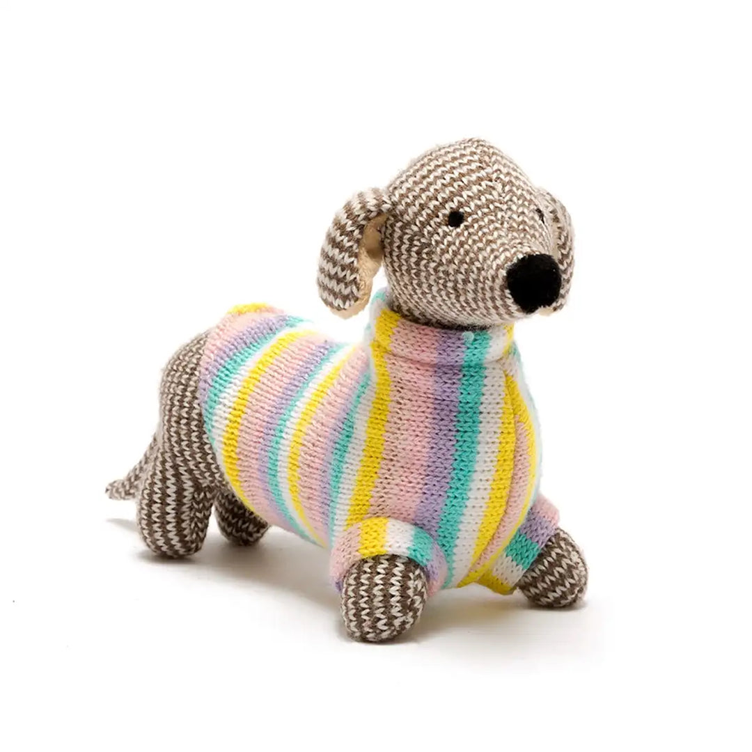 Best Years Knitted Sausage Dog Rattle with Pastel Jacket Main Picture