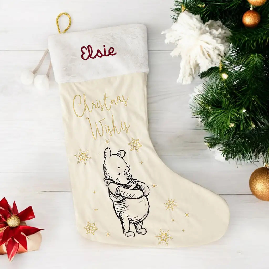 Personalised Disney Winnie the Pooh Plus Velvet Christmas Stocking Front Picture Showing Embroidered Name