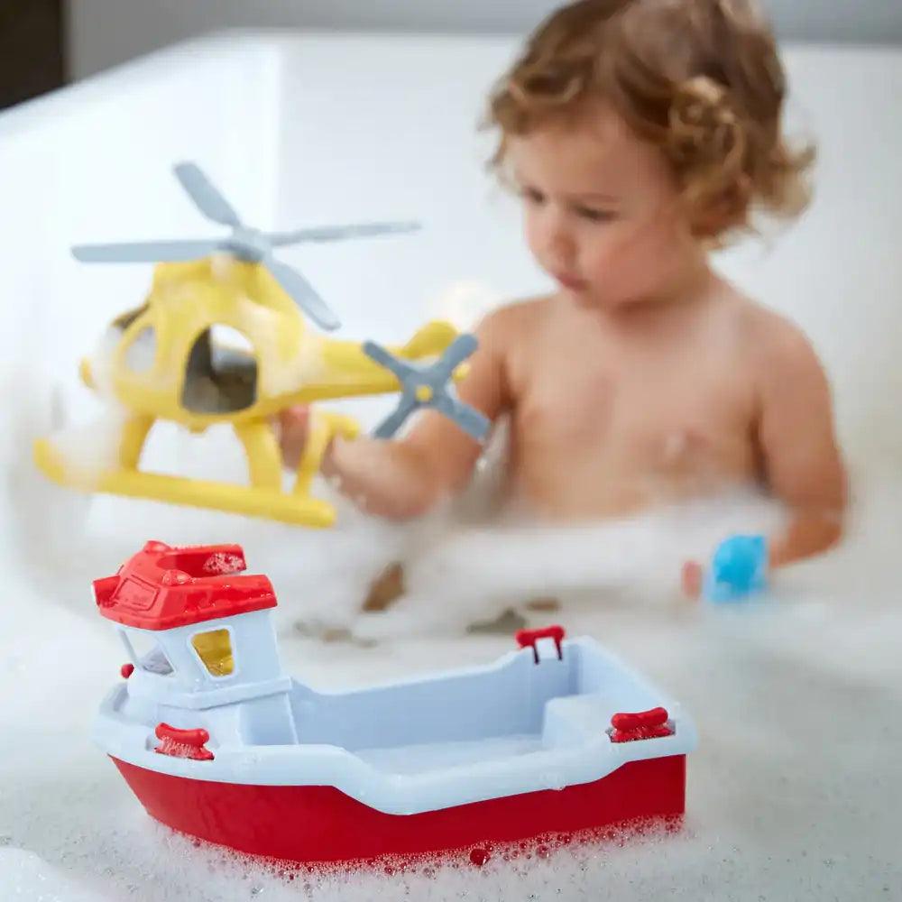 Bigjigs Green Toys 100% Recycled Plastic Rescue Boat with Helicopter Being Played With Picture