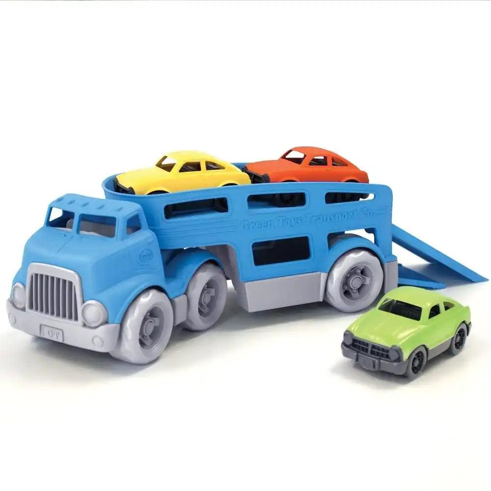 Bigjigs Green Toys 100% Recycled Plastic Car Carrier with Ramp down and Green Car Picture