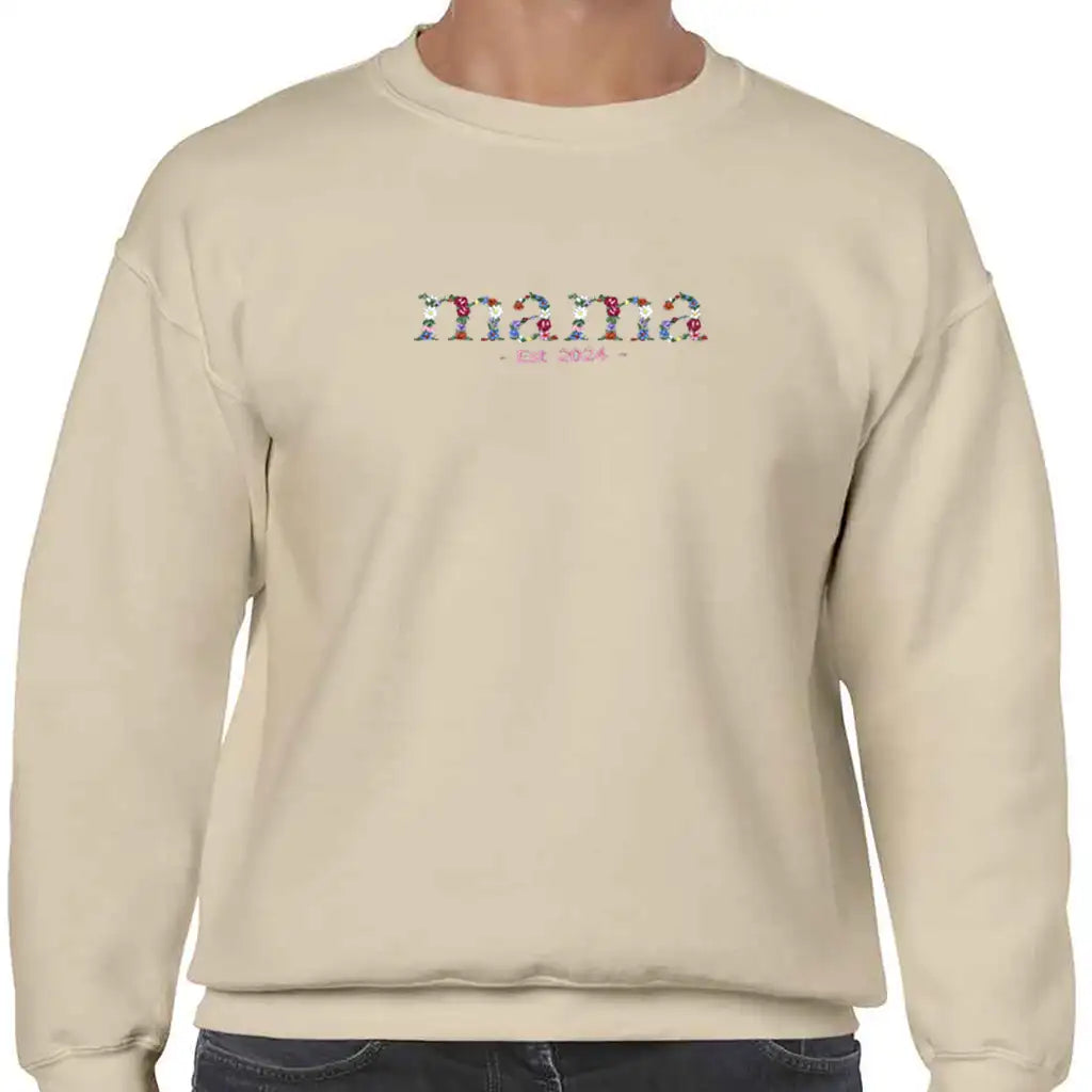 Personalised floral mama established sand coloured jumper model picture