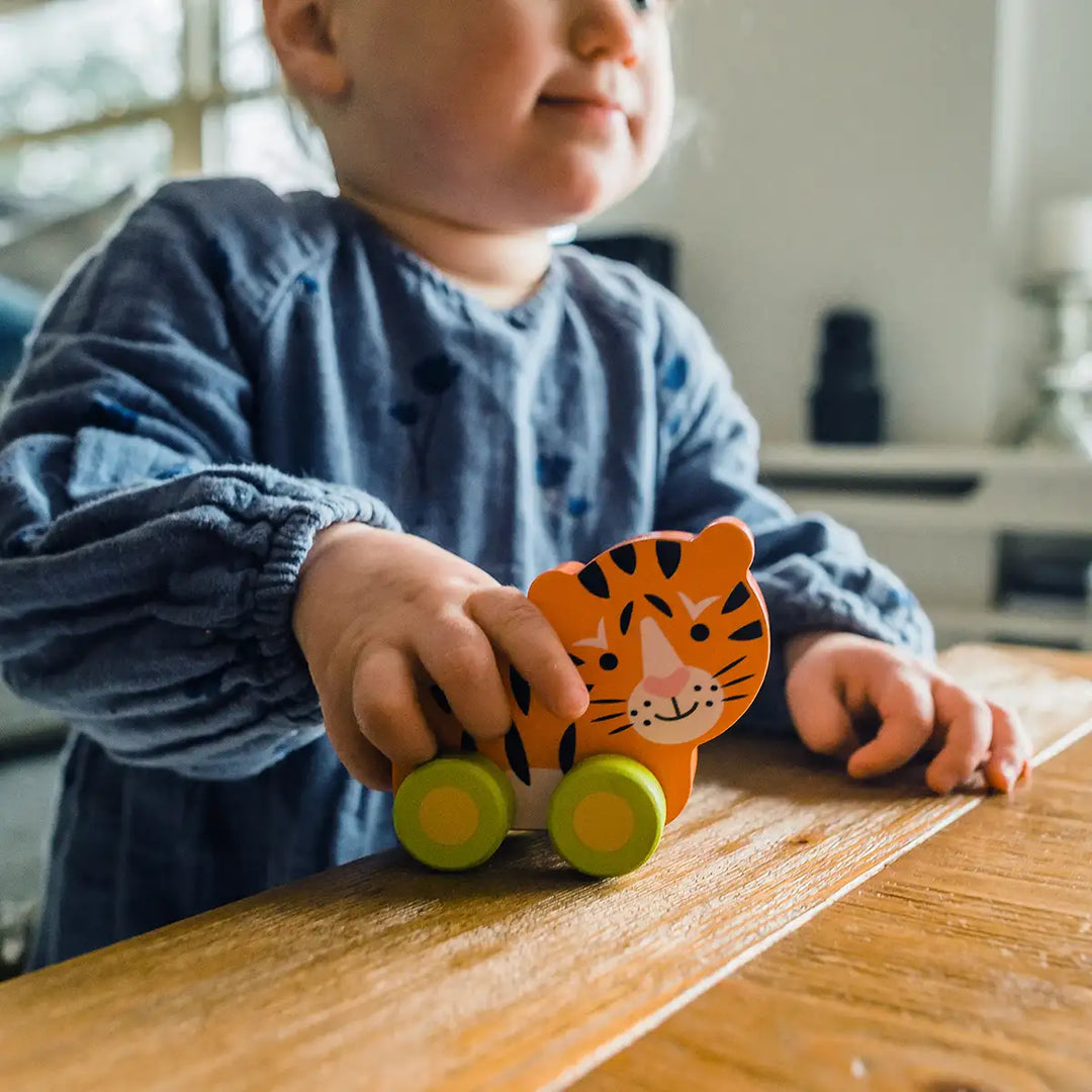 Orange Tree Toys FSC Wooden Tiger First Push Toy Being Played With Picture