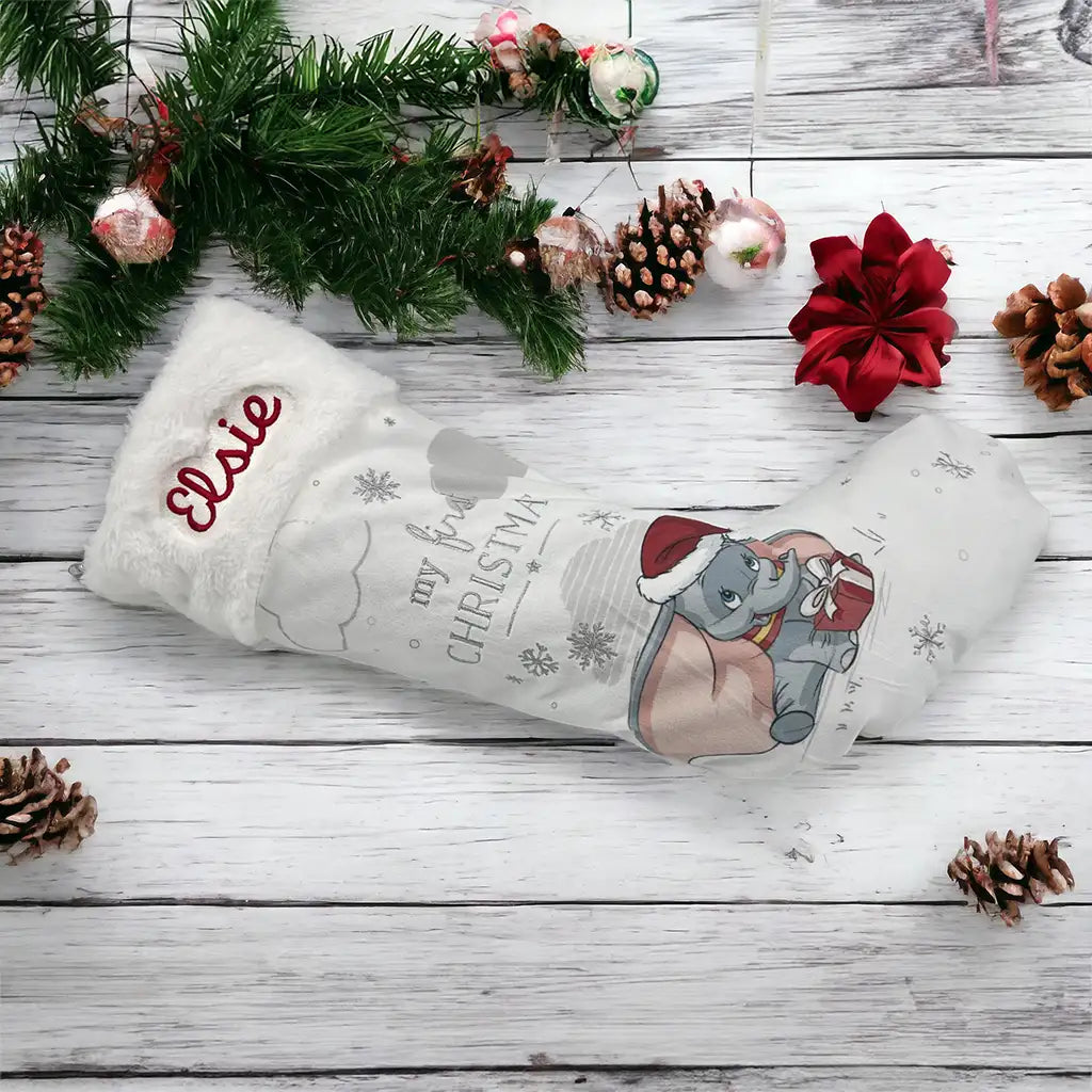 Personalised Dumbo 1st Christmas Stocking on Christmas Background