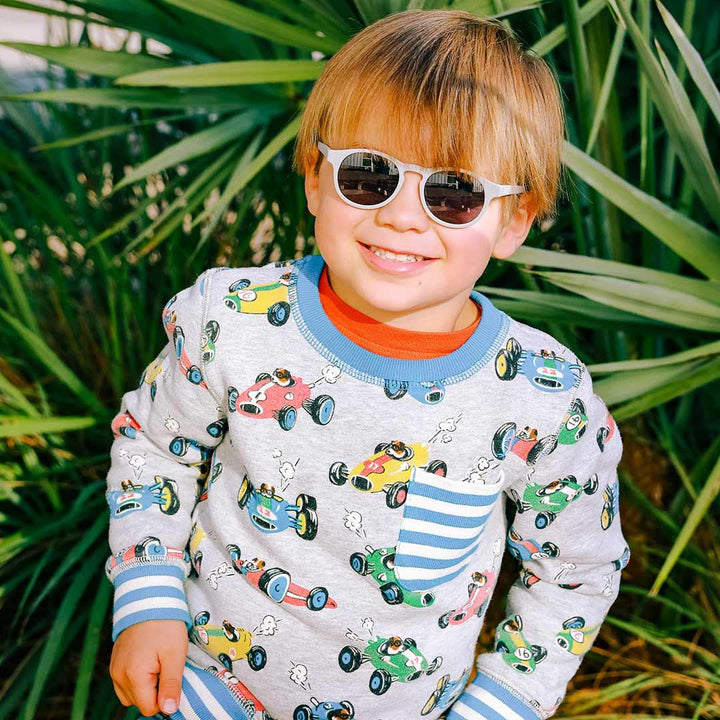 Babiators original keyhole sunglasses in clean slate being worn by toddler