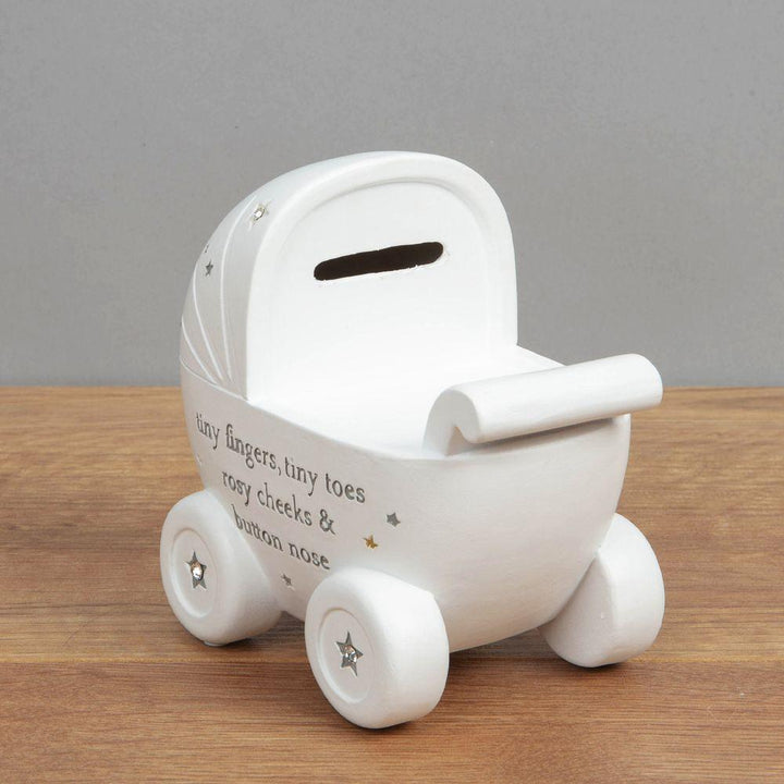 Bambino Pram and Stars White Resin Money Box Back