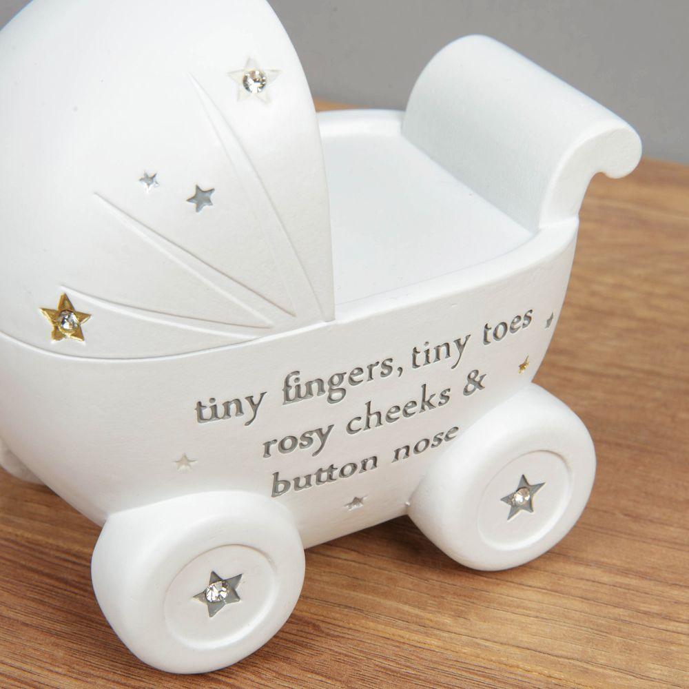 Bambino Pram and Stars White Resin Money Box Detail