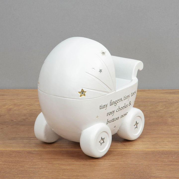 Bambino Pram and Stars White Resin Money Box Front