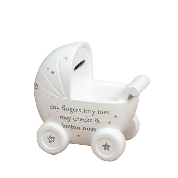 Bambino Pram and Stars White Resin Money Box Main