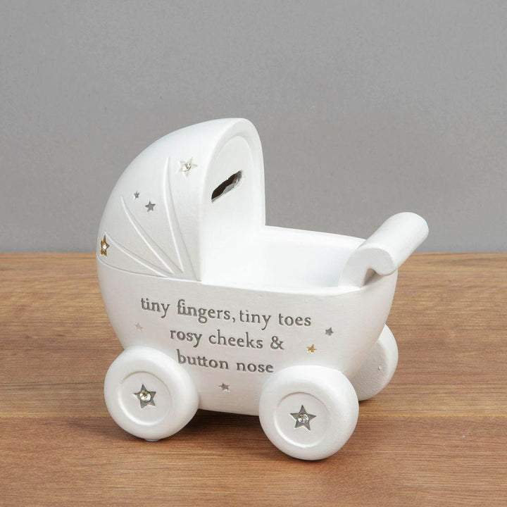 Bambino Pram and Stars White Resin Money Box Side