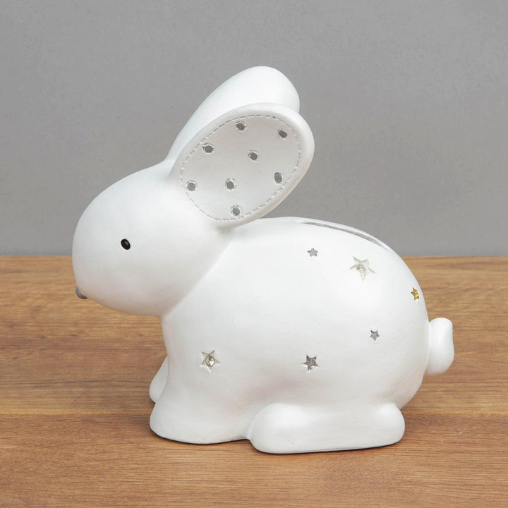 Bambino Rabbit and Stars White Resin Money Box Side