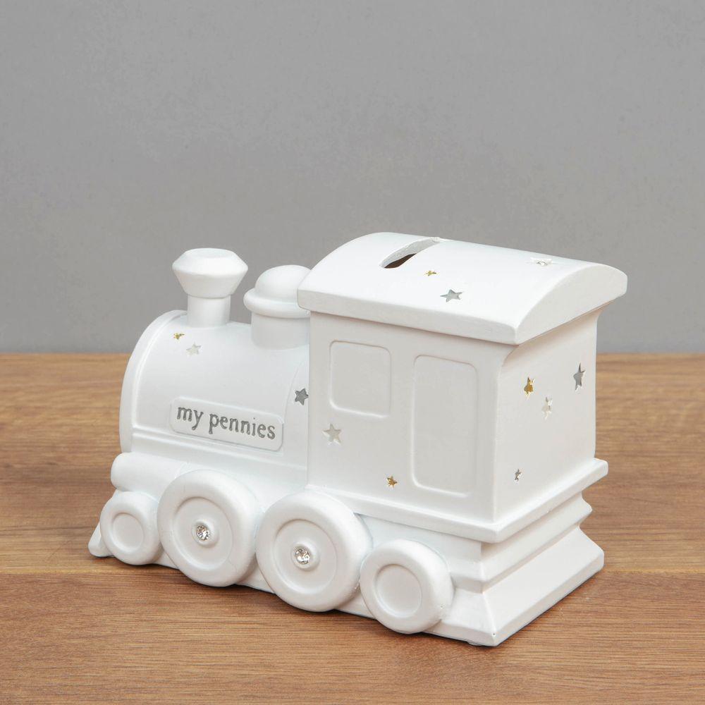 Bambino Train and Stars White Resin Money Box Side