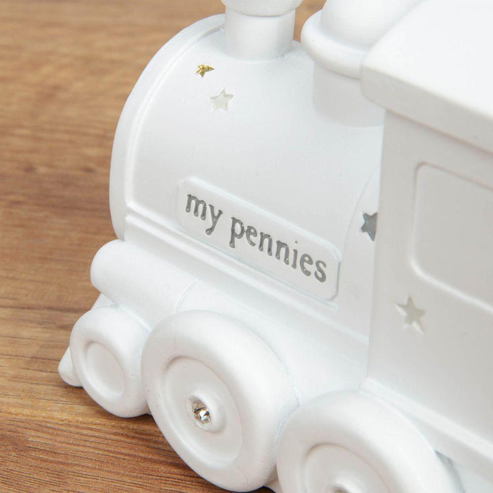 Bambino Train and Stars White Resin Money Box Detail