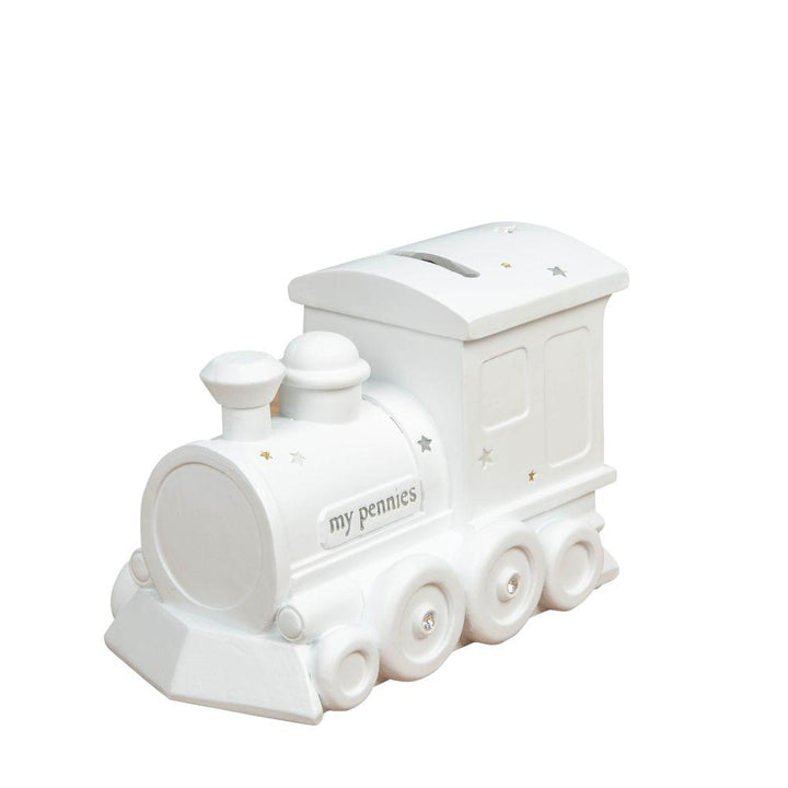 Bambino Train and Stars White Resin Money Box Main