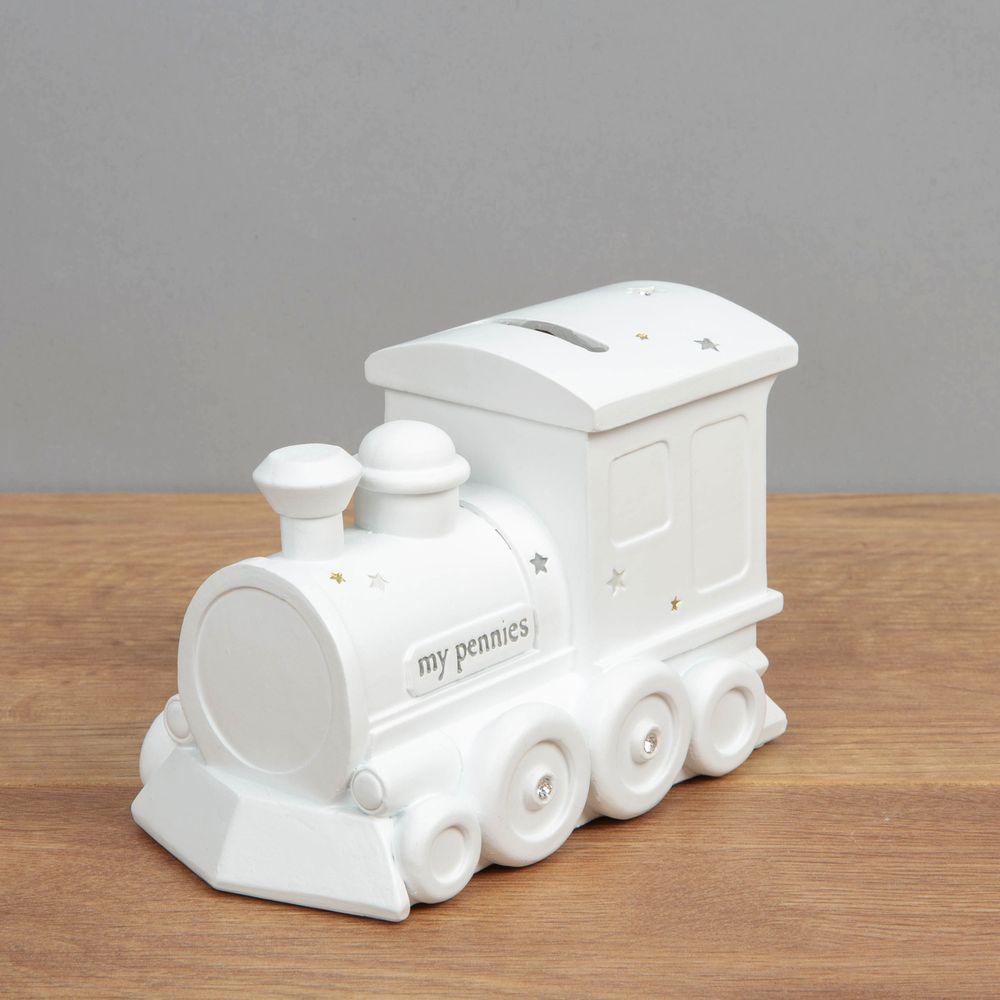 Bambino Train and Stars White Resin Money Box Front