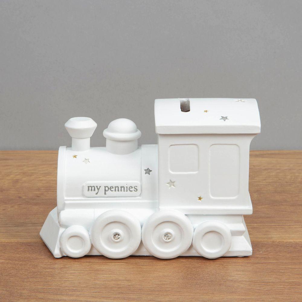 Bambino Train and Stars White Resin Money Box Side