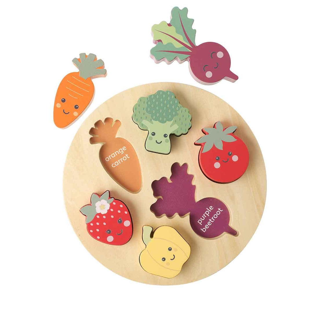 Orange Tree Toys Wooden Happy Veggie Puzzle Front Puzzle Pieces Out