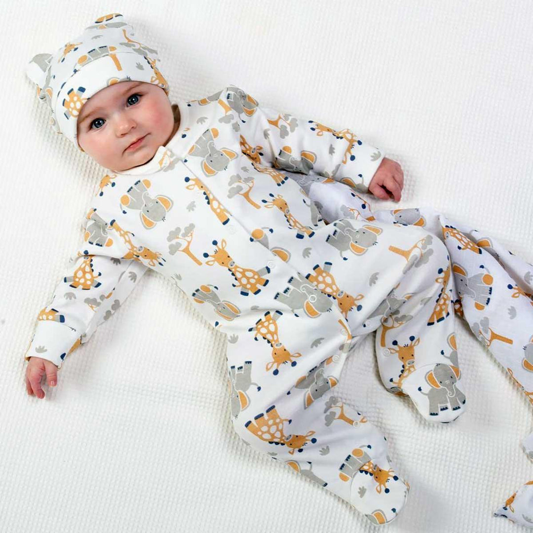 Kite eco-friendly GOTS certified organic cotton giraffe and ele sleepsuit being worn