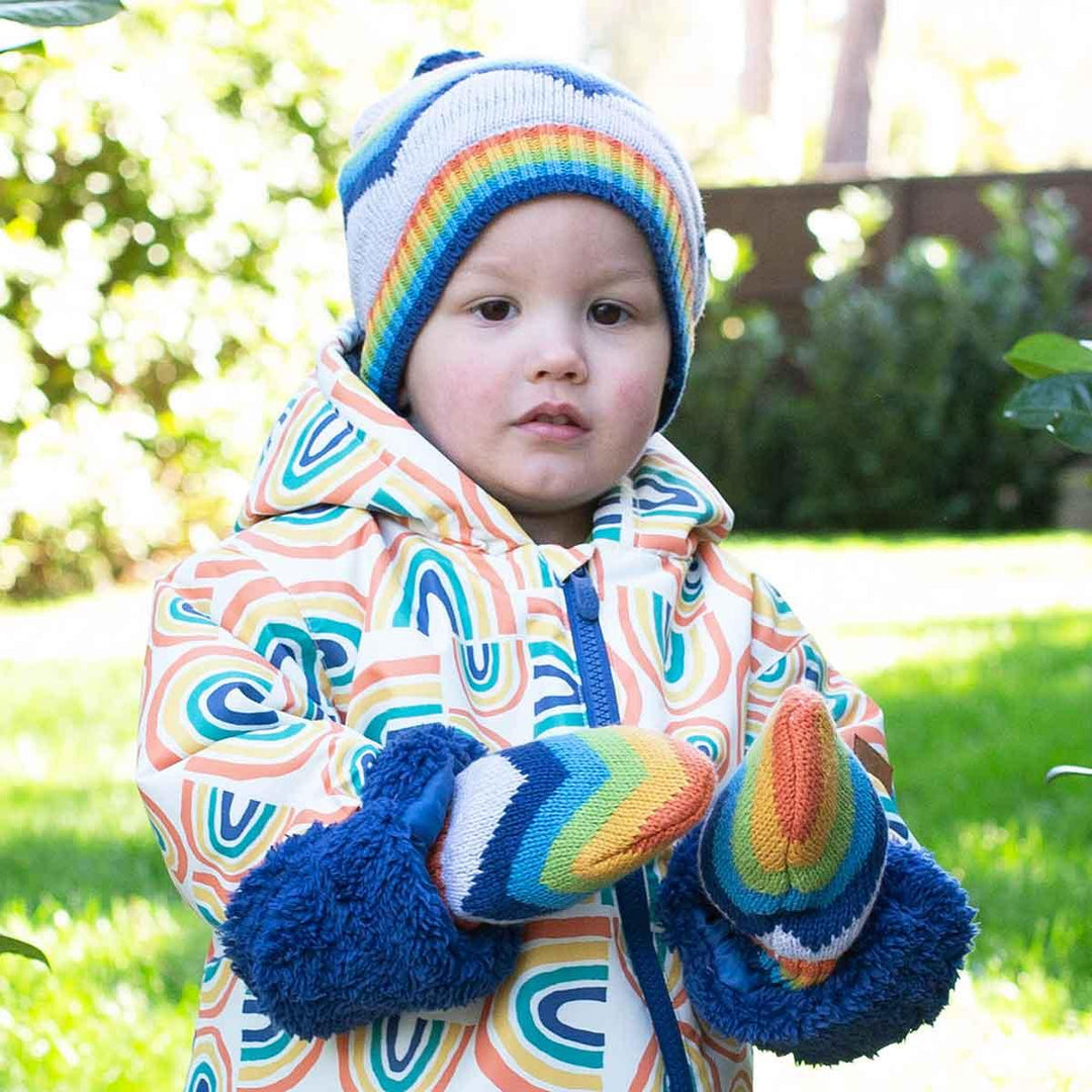 Kite GOTS Organic Cotton Jurassic Hat and Mitts Set Being Worn Picture