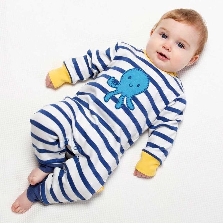 Kite eco-friendly GOTS certified organic cotton octopus blue stripped romper being worn