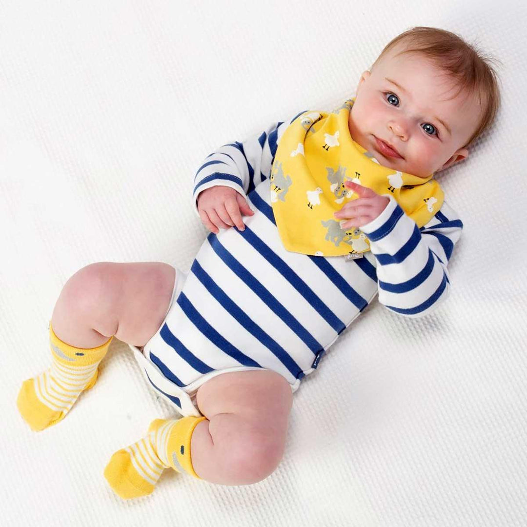 Kite eco-friendly GOTS certified organic cotton blue stripe bodysuit being worn