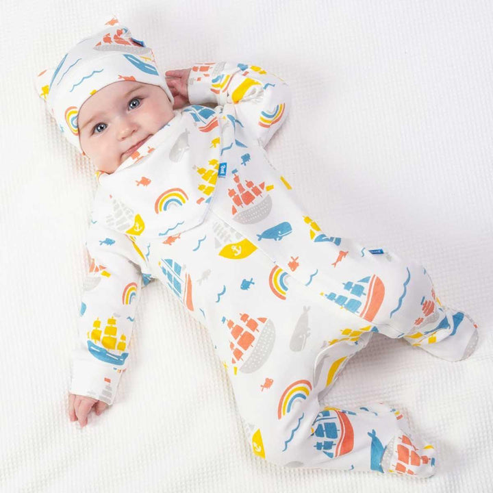 Kite eco-friendly GOTS certified organic cotton ship ahoy sleepsuit being worn