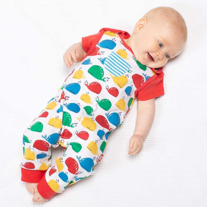 Kite Clothing GOTS Organic Cotton Rainbow Whale Dungarees Being Worn Picture