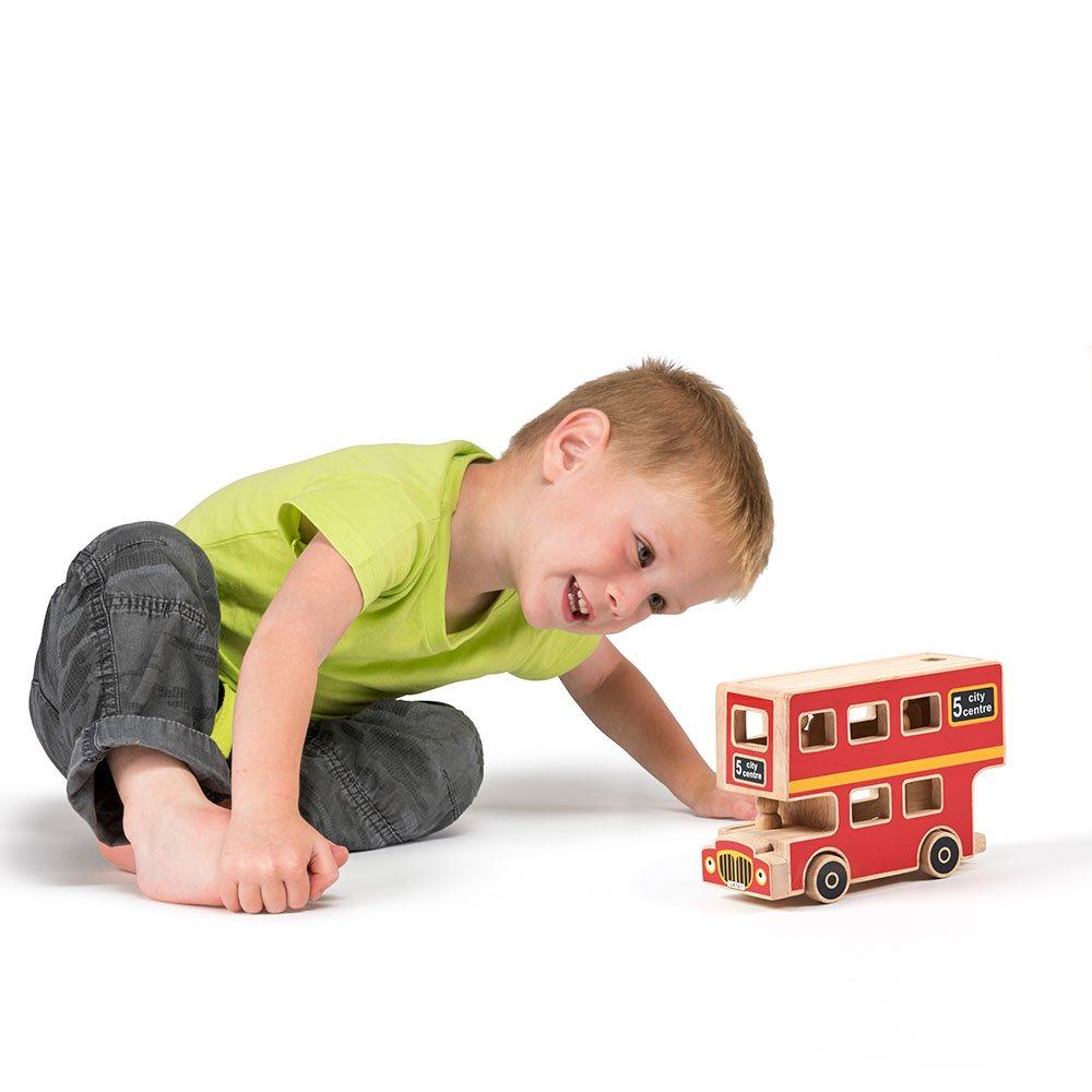 Lanka Kade Natural Wooden Red City Bus Play Set Being Played With Picture