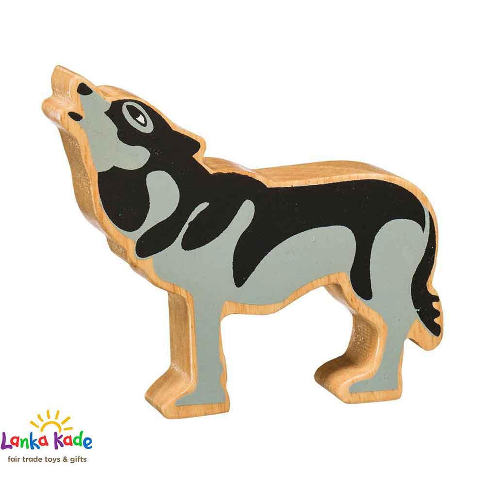 Lanka Kade Natural Wooden Colourful Black and Grey Wolf World Animal Figure