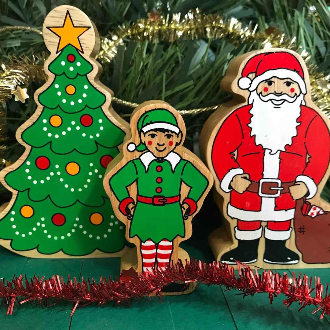 Lanka Kade Natural Wooden Colourful Green Christmas Tree with Santa and Elf Figures Picture