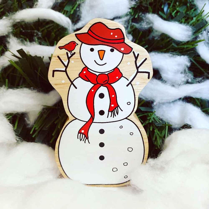 Lanka Kade Natural Wooden Colourful White Snowman Christmas Figure on Festive Background Picture