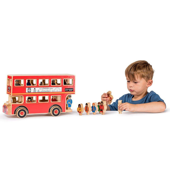 Lanka Kade Natural Wooden Deluxe London Bus Playset Being Played With Picture