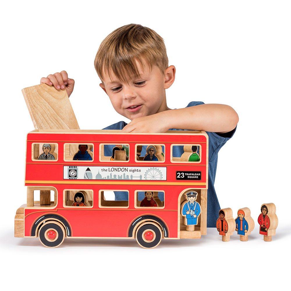 Lanka Kade Natural Wooden Deluxe London Bus Playset Being Played With Picture