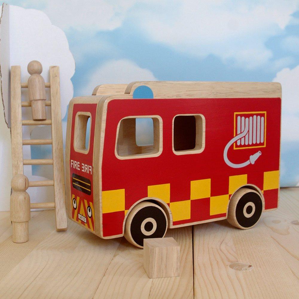 Lanka Kade Natural Wooden Red Fire Engine Playset Outside Picture