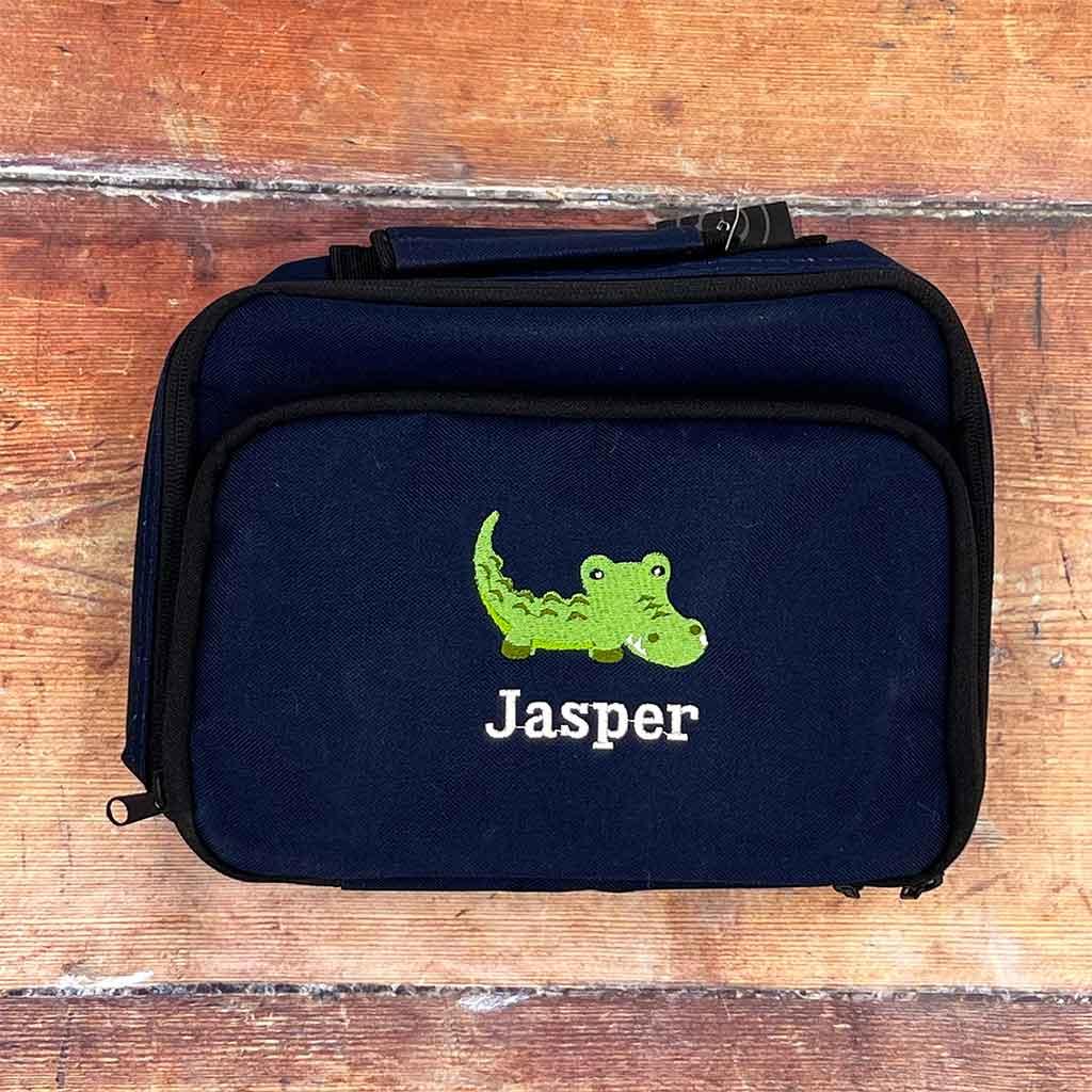 Personalised Embroidered Navy Lunch Cooler with Green Crocodile