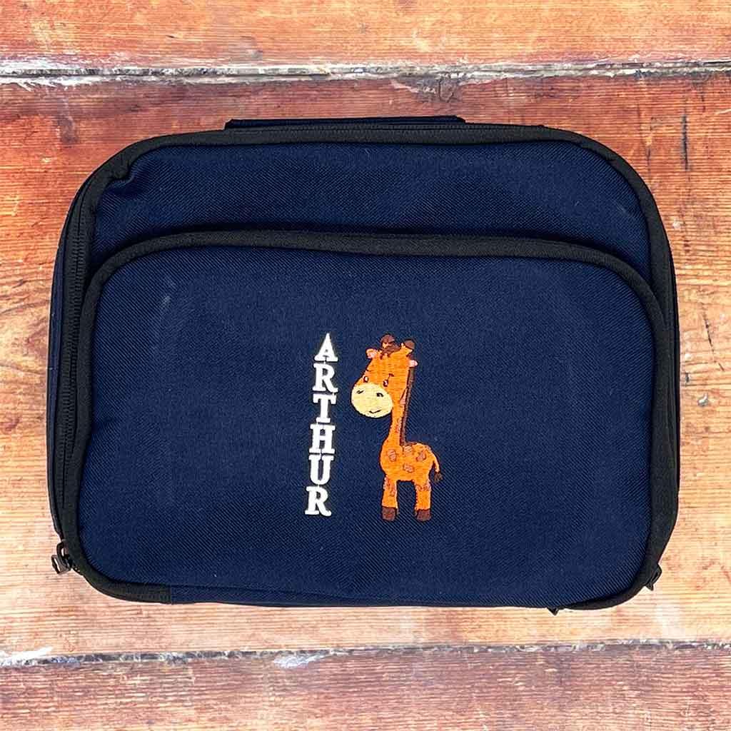 Personalised Embroidered Navy Lunch Cooler with Brown Giraffe