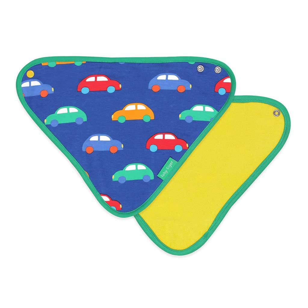 Toby Tiger GOTS Organic Cotton Car Print Dribble Bib Front and Back Picture