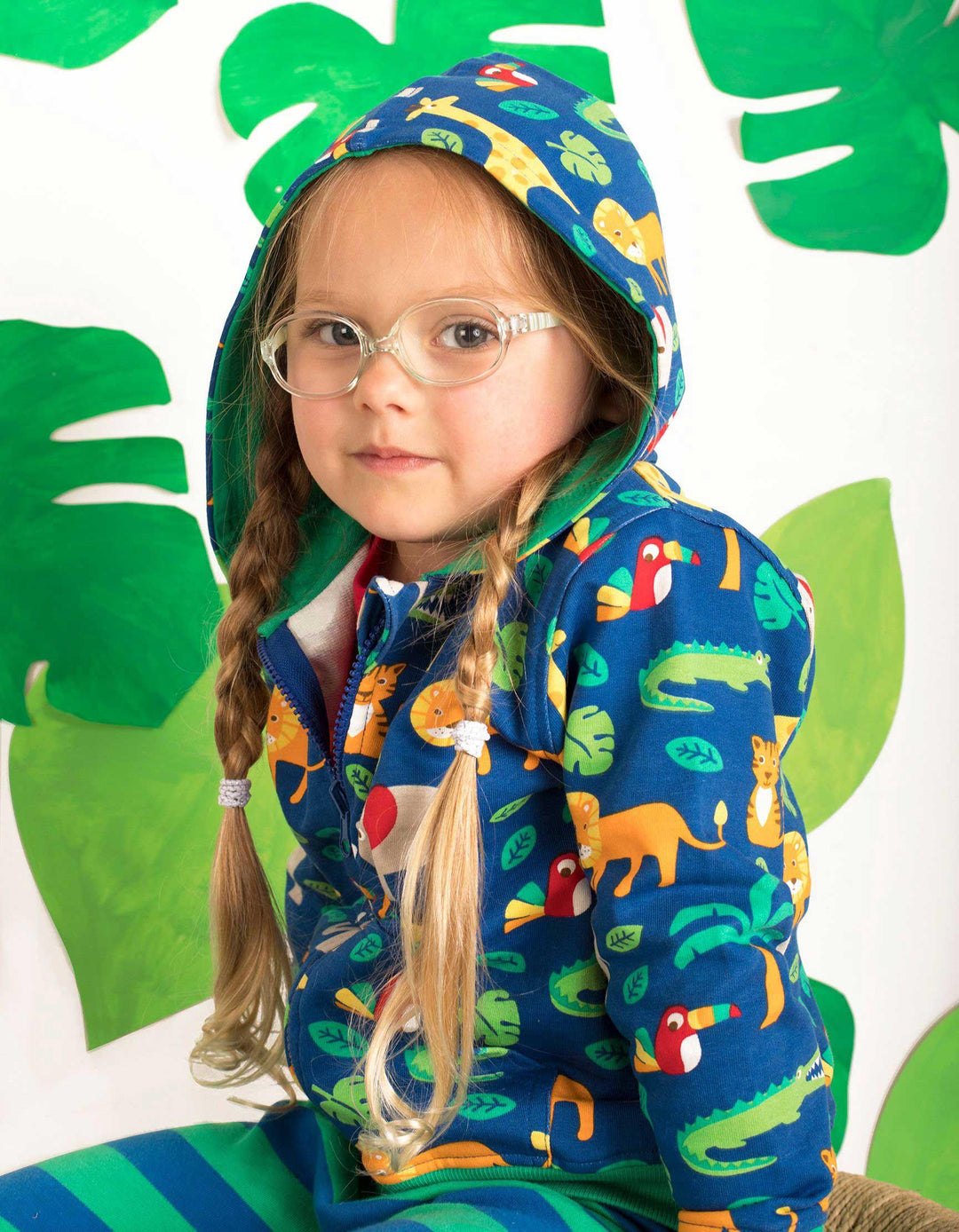 Toby Tiger GOTS Organic Cotton Jungle Print Hoodie Being Worn Picture